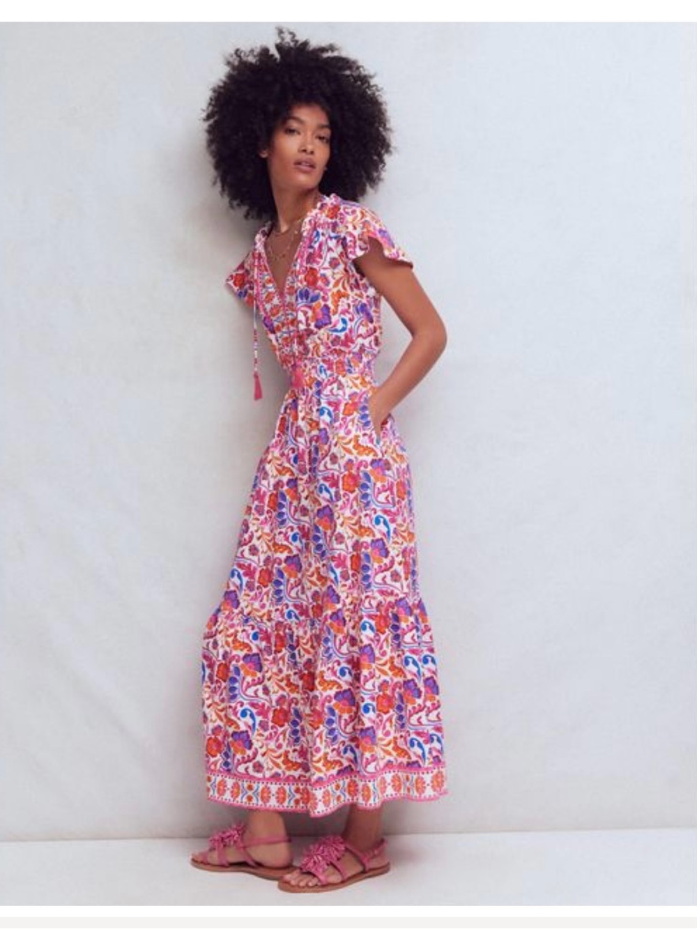 Boden Tala Tiered Jersey Maxi Dress NWT Cotton Tassel Floral Pink Orange Size 2